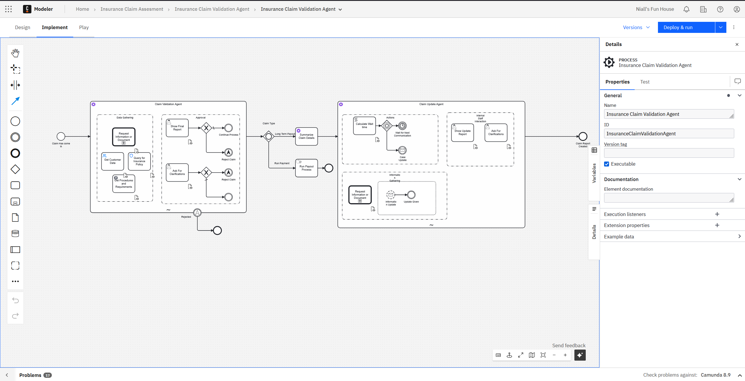 Camunda Modeler showing the Insurance Claim Validation Agent BPMN process